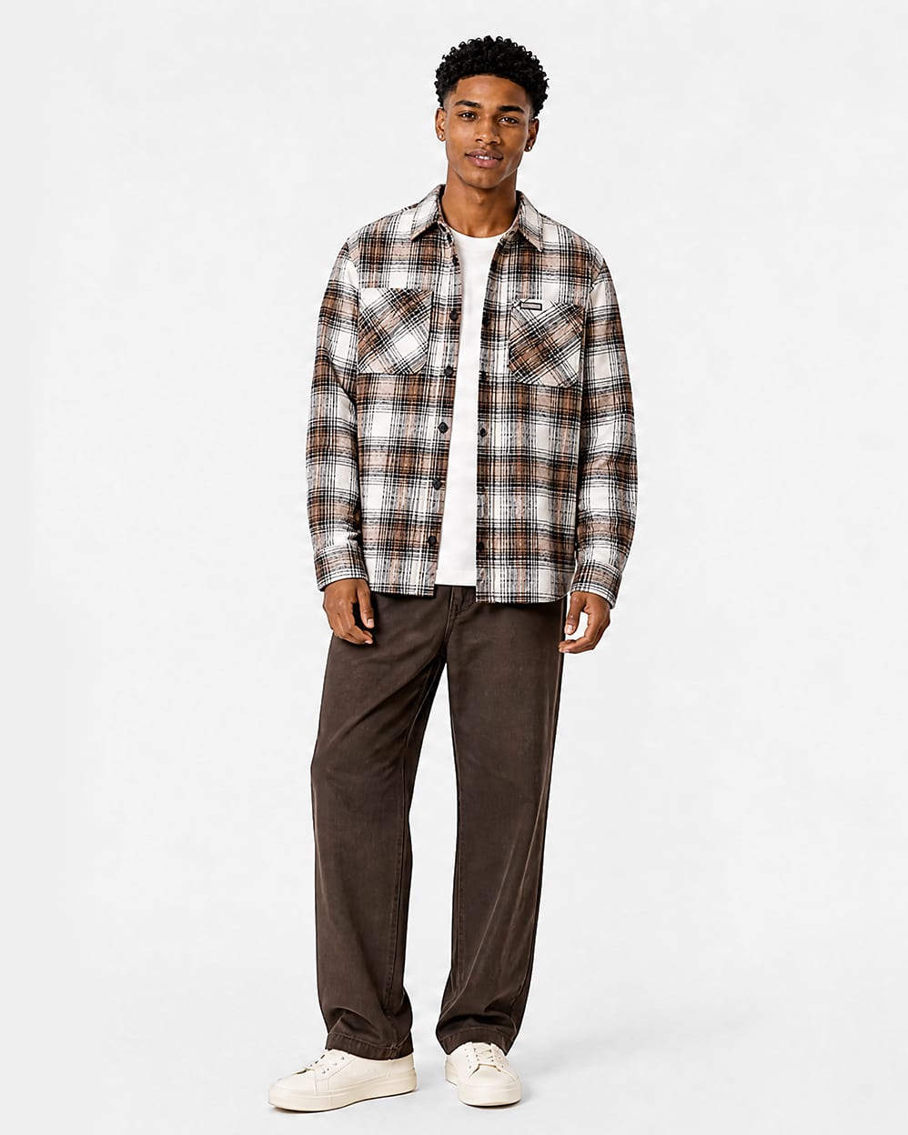 Wall St Flannel Shirt - Light Brown / White