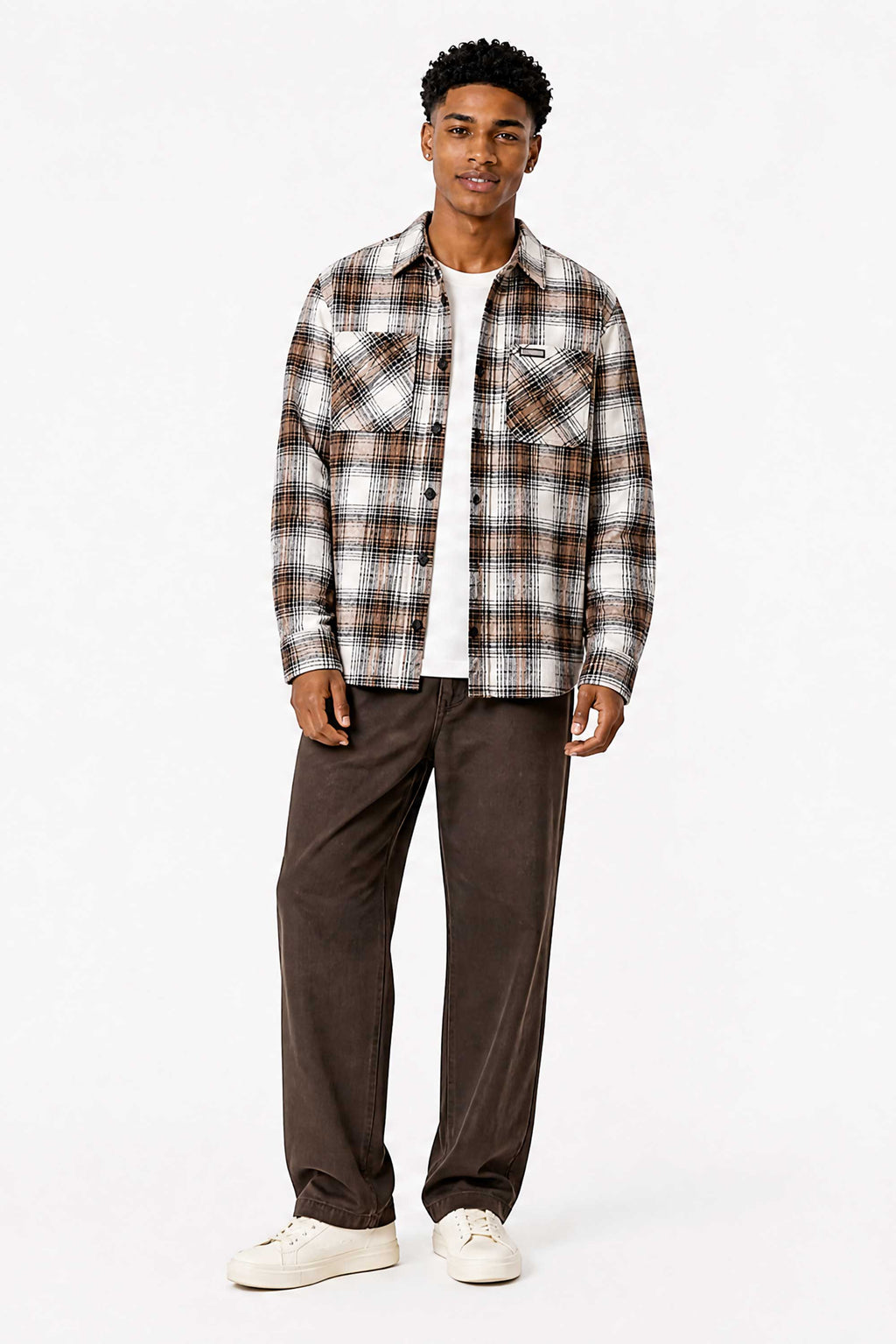 Wall St Flannel Shirt - Light Brown / White