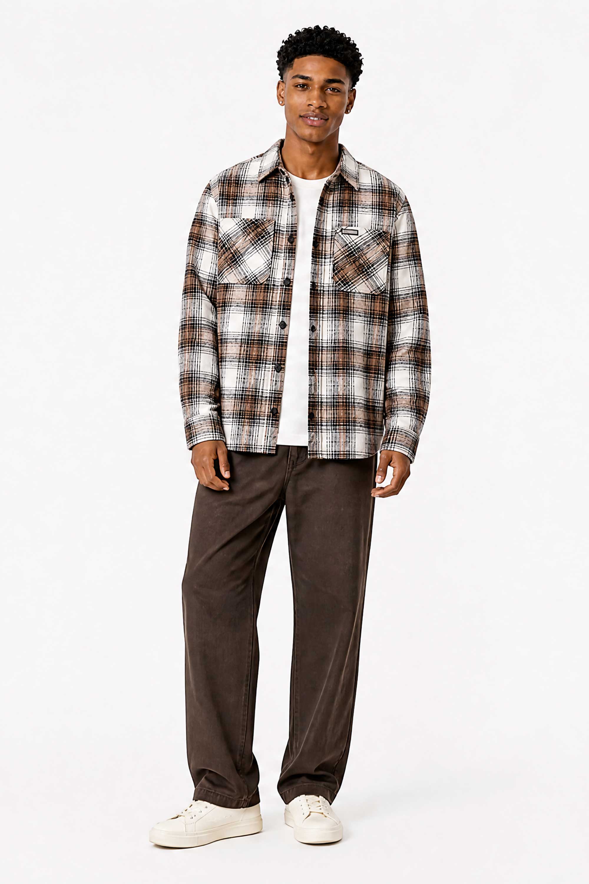 Wall St Flannel Shirt - Light Brown / White